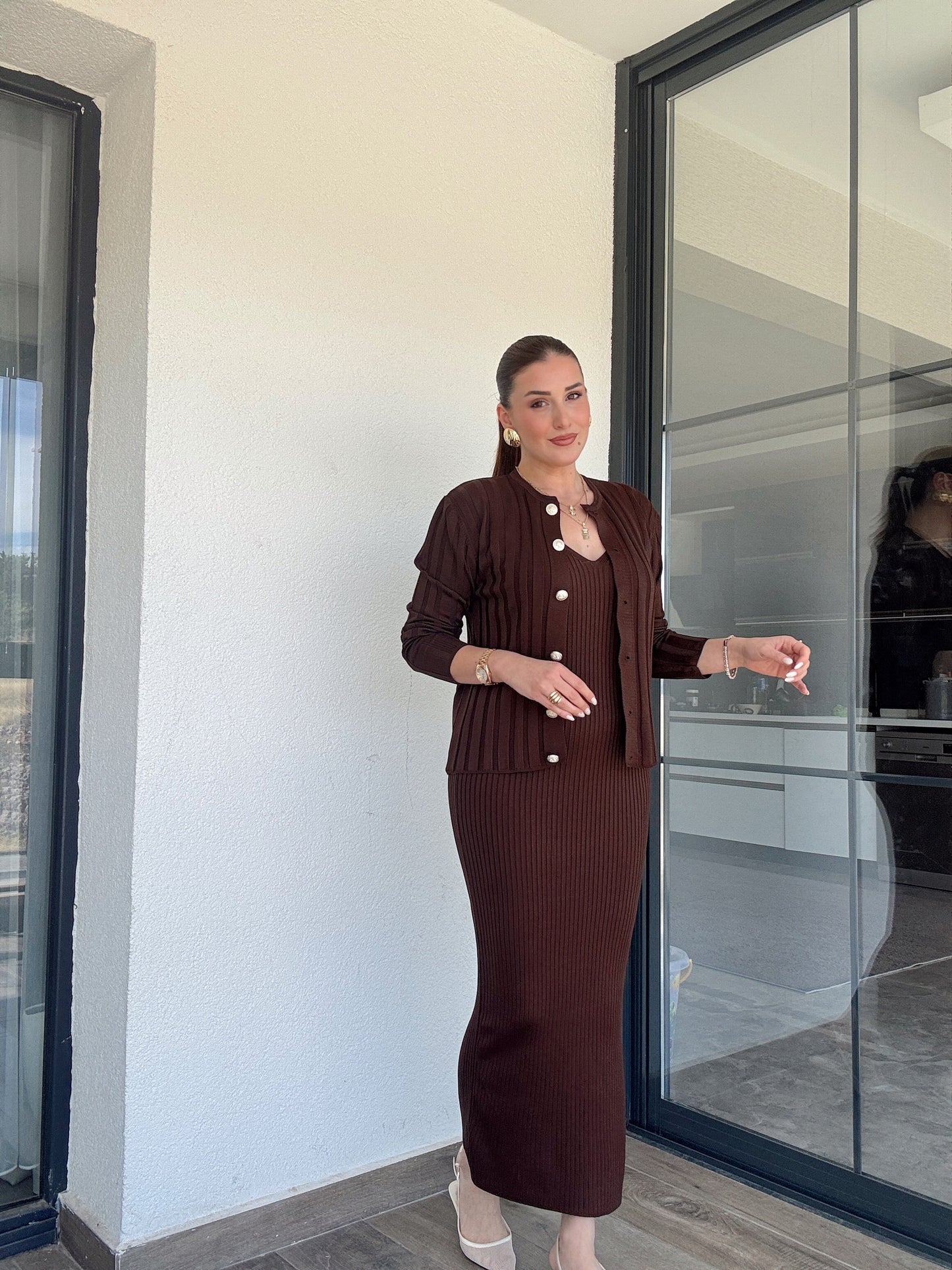 Fitilli Düğmeli Triko Takım Kahve