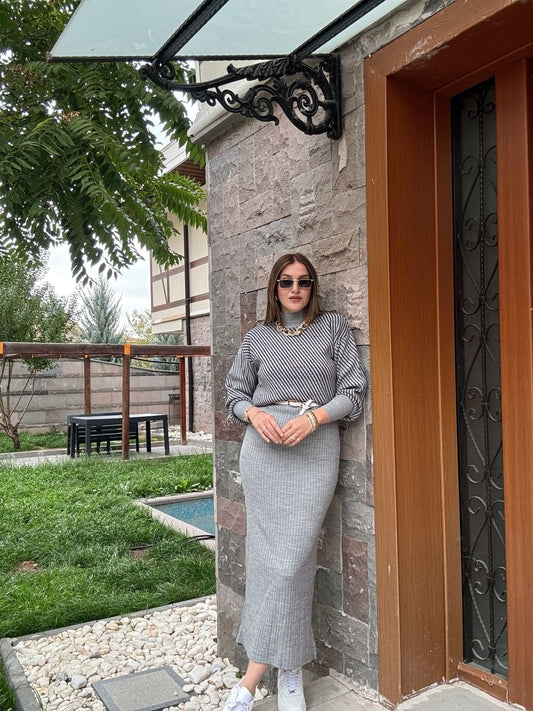 Yatay Çizgili Pikeli Jileli Takım - GRİ