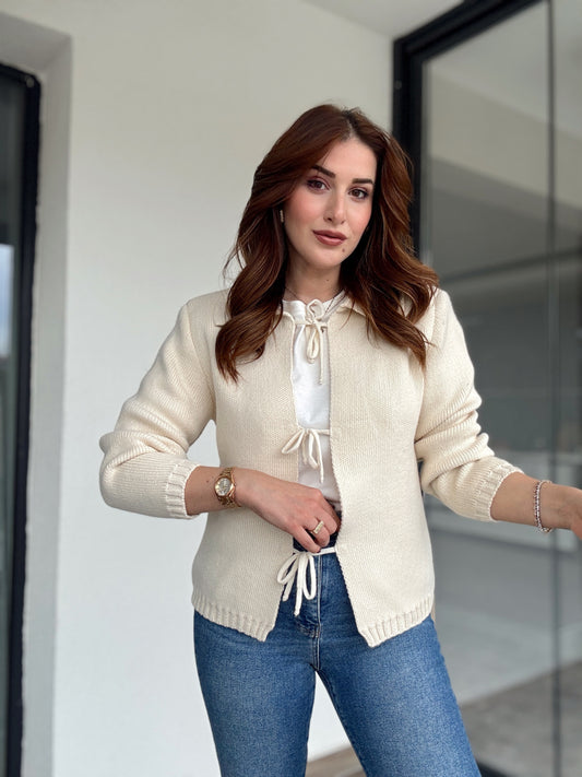 Bağcıklı triko ceket-LATTE