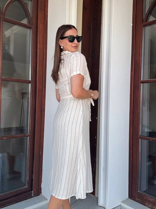 Çizgili Cepli Gömlek Elbise - BEJ