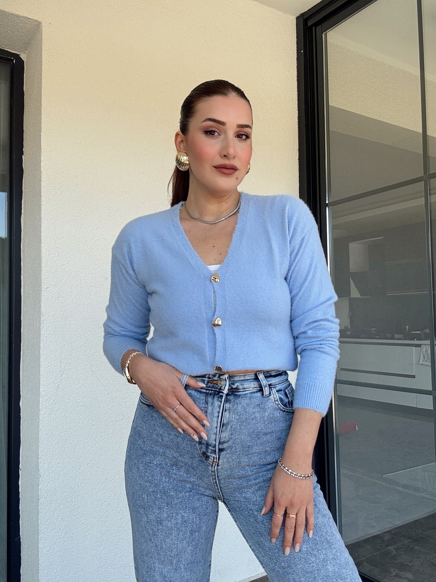 V Yaka yumoş ceket-MAVİ