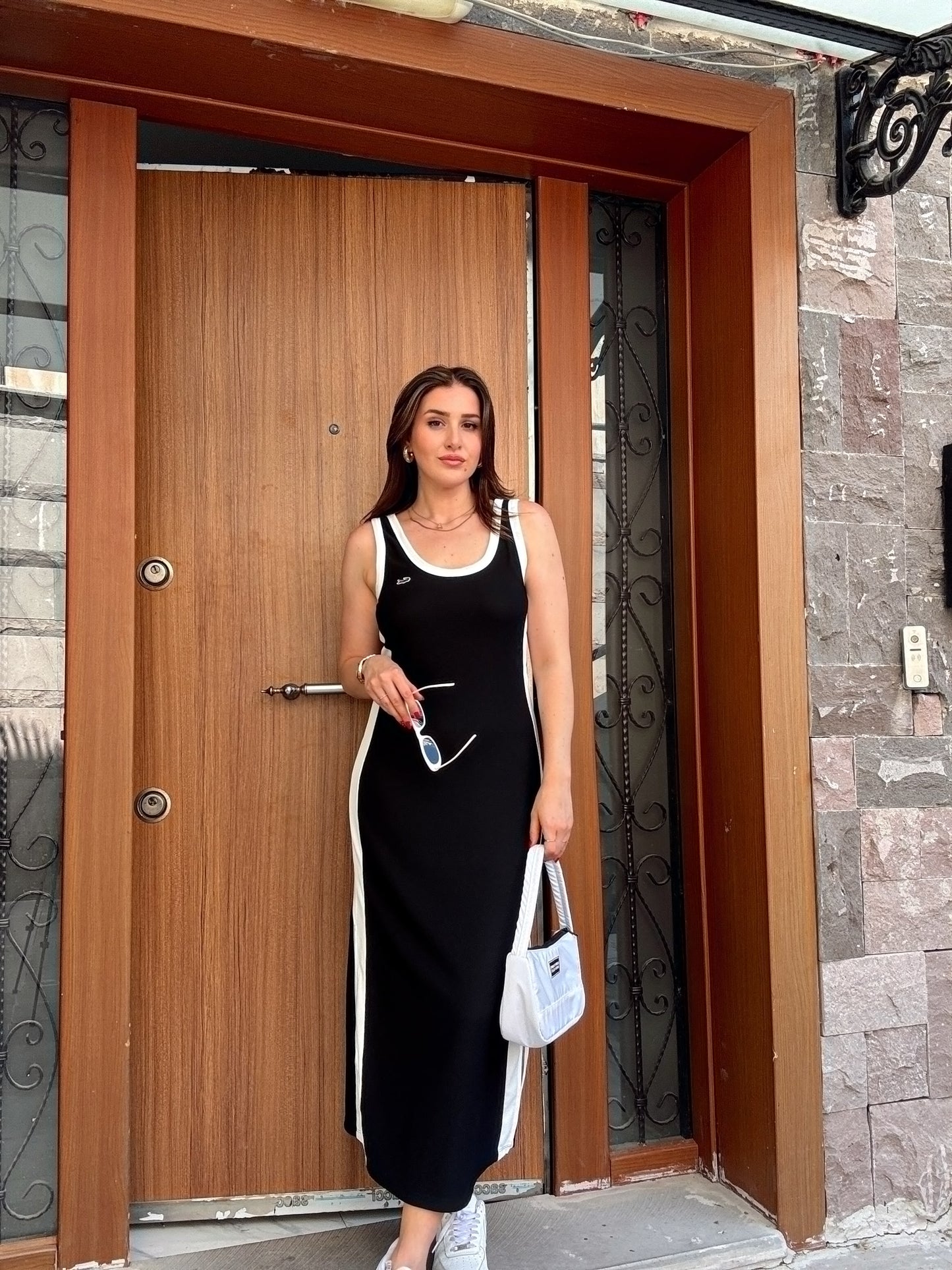 Delone fitilli kumaş askılı elbise SİYAH