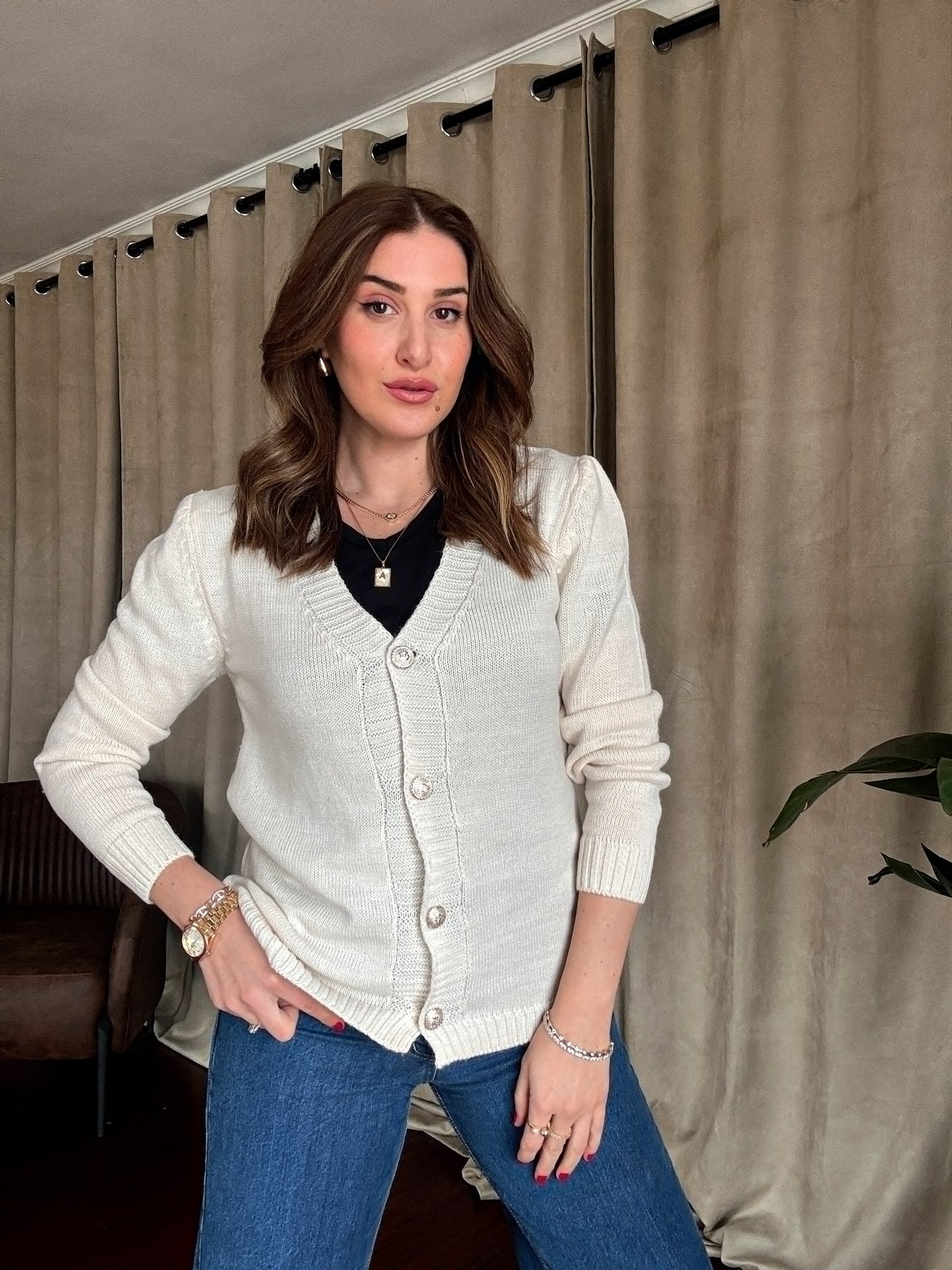 Gümüş Düğme Detaylı Triko Hırka-LATTE