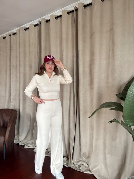 Yaka Fermuar Fitilli Triko Takım - LATTE