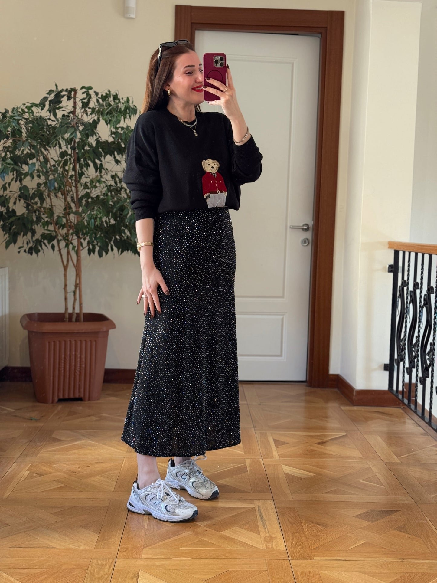 Oversize Ayıcık İşlemeli Kazak SİYAH