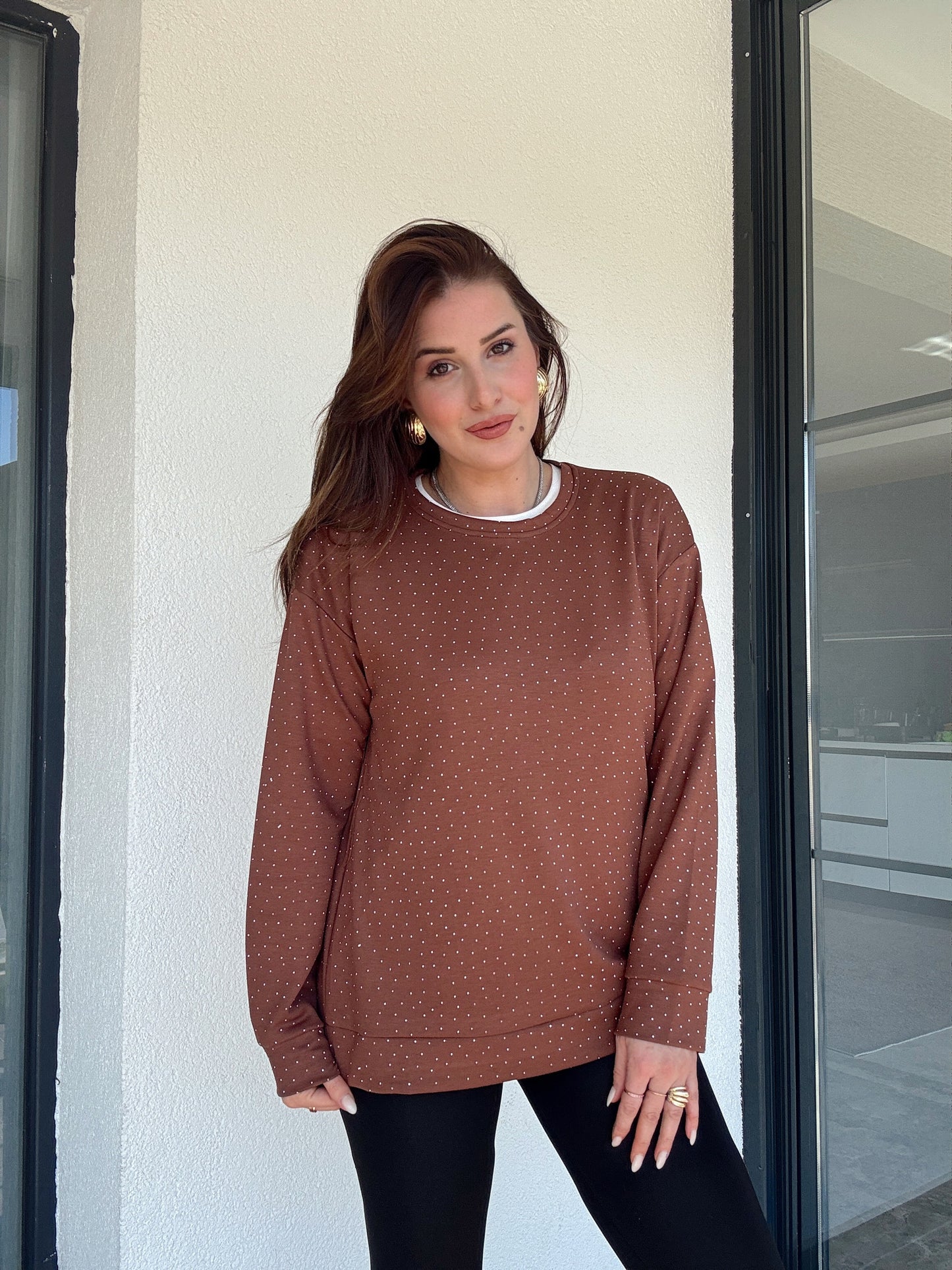 Modal taşlı iki iplik sweat-KAHVERENGİ