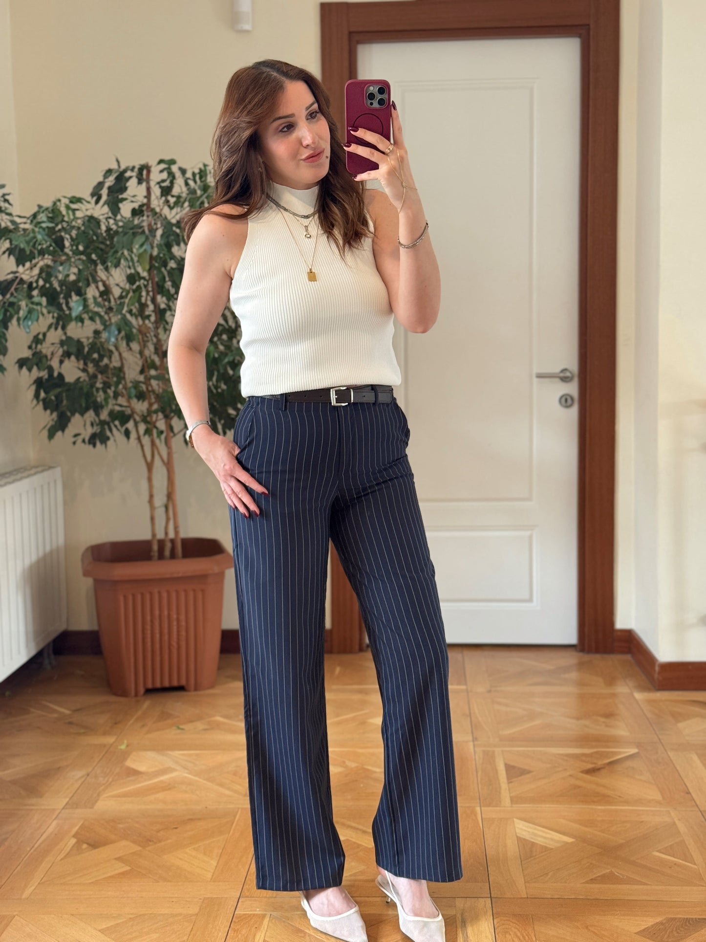 Çizgili kemerli pantolon-LACİVERT