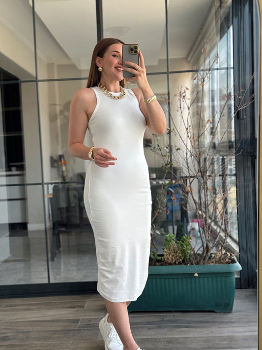 Yıkamalı Uzun Elbise - BEYAZ