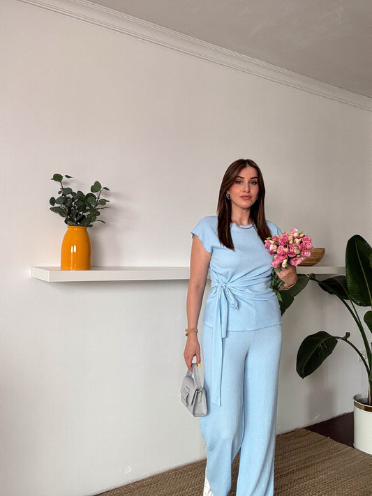 Bağlama detaylı bluz pantolon ikili takım Bebe mavi