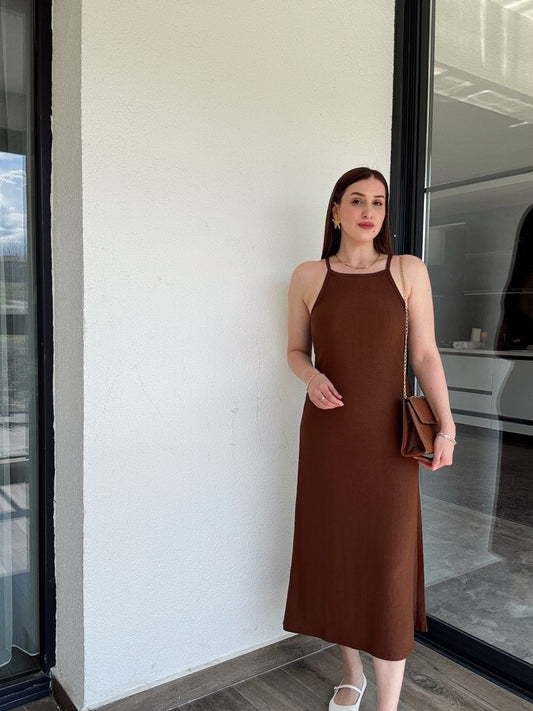 Askılı Okyanus Elbise Kahve