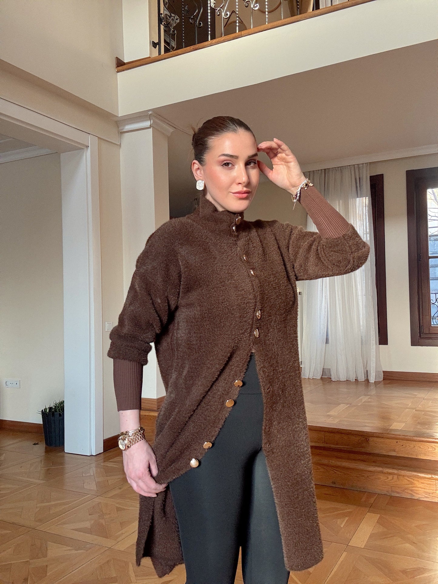 Gold düğme sakal kumaş HIRKA-KAHVERENGİ