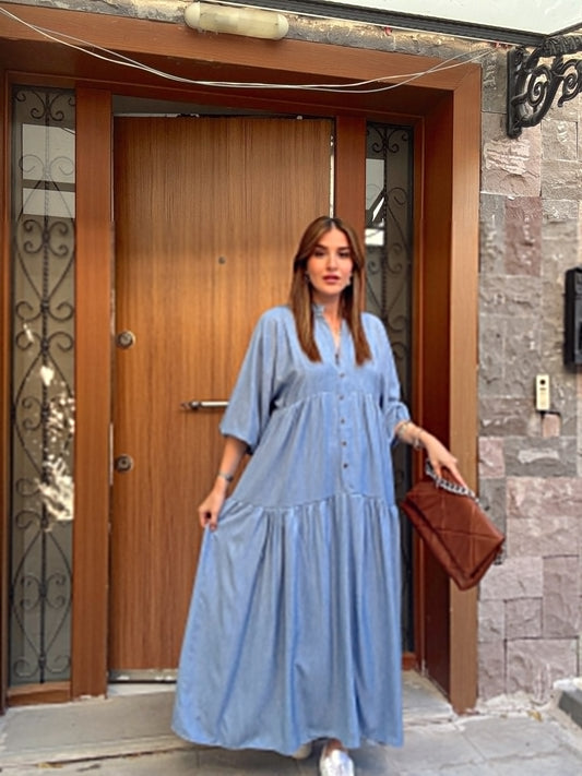 Düğme Detaylı Hakim Yaka Elbise Mavi