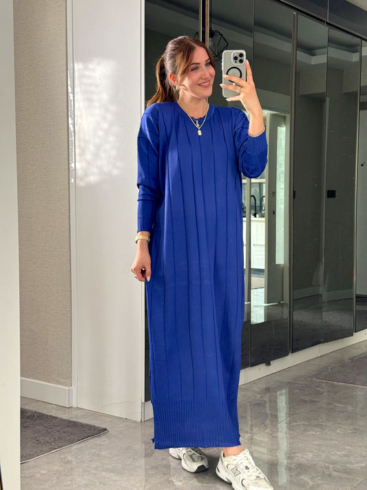 Şerit detaylı uzun triko elbise SAKS MAVİ