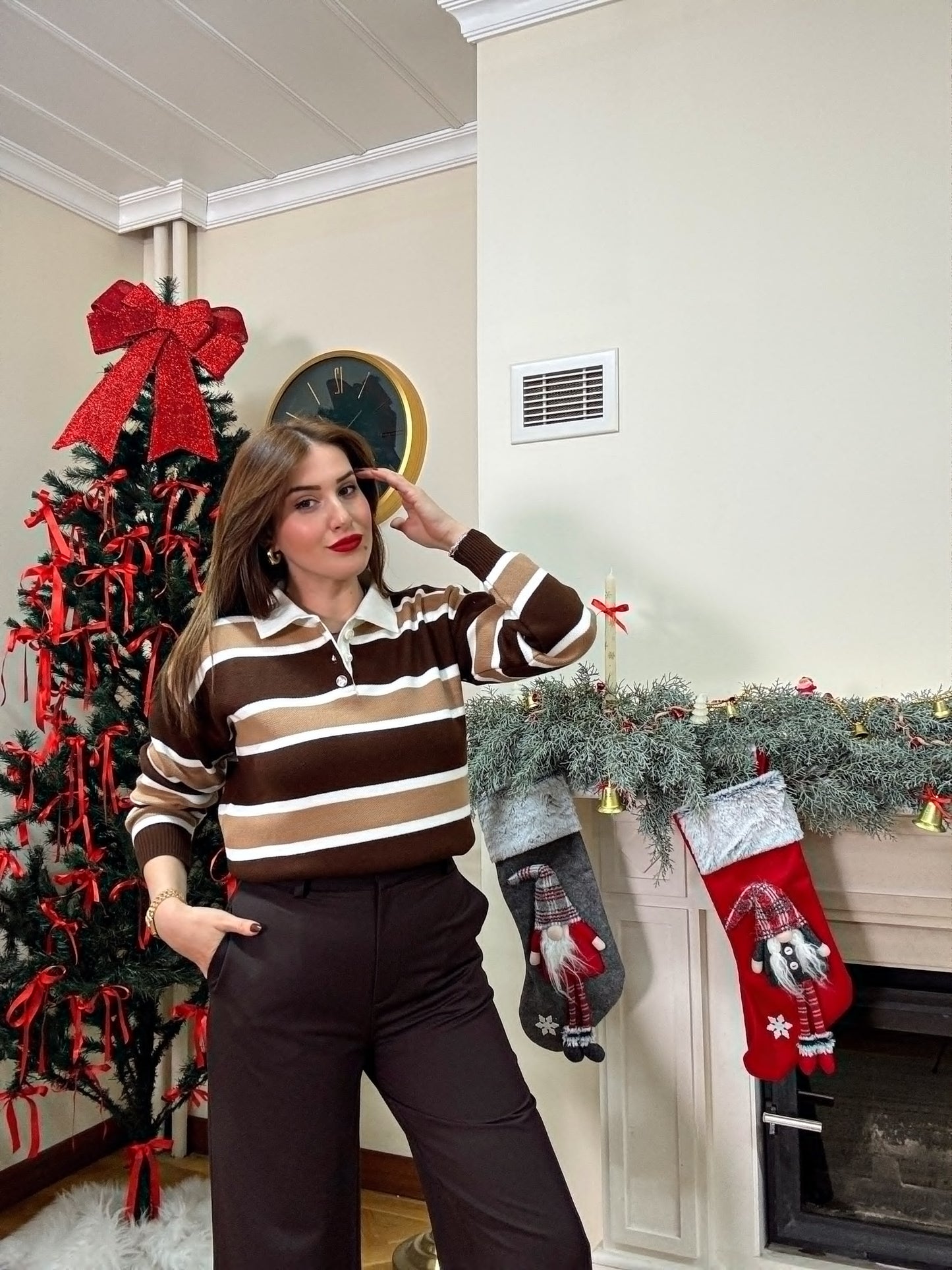 Düğmeli polo yaka triko kazak KAHVERENGİ-VİZON