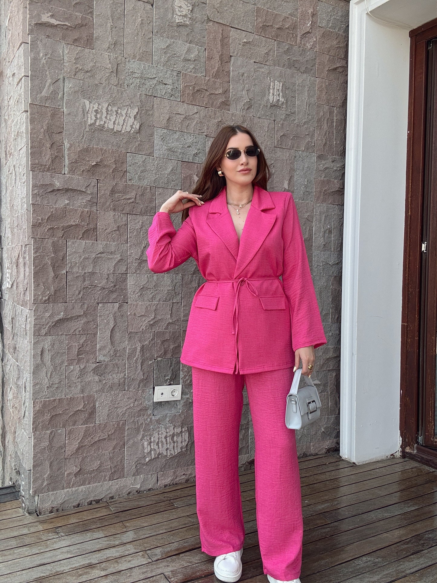 Keten kumaş ceket pantolon takım PEMBE