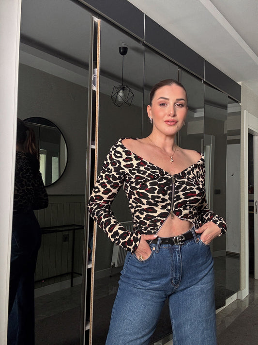 Fermuarlı Leopar Bluz Bordo