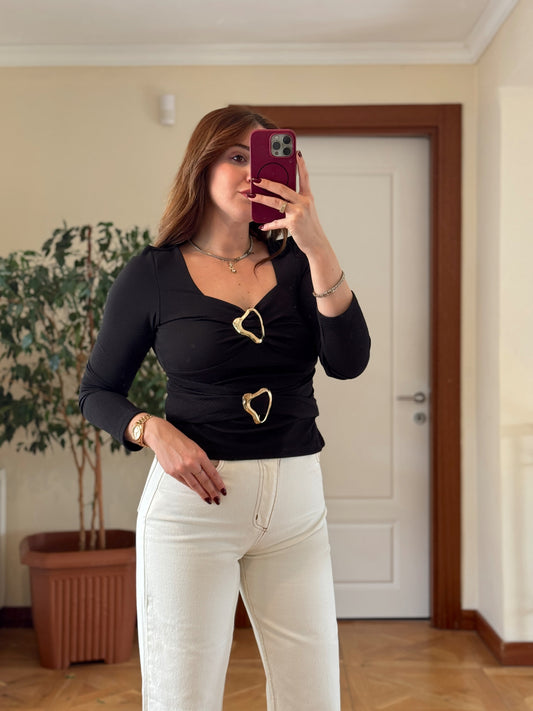 Çift tokalı bluz-SİYAH