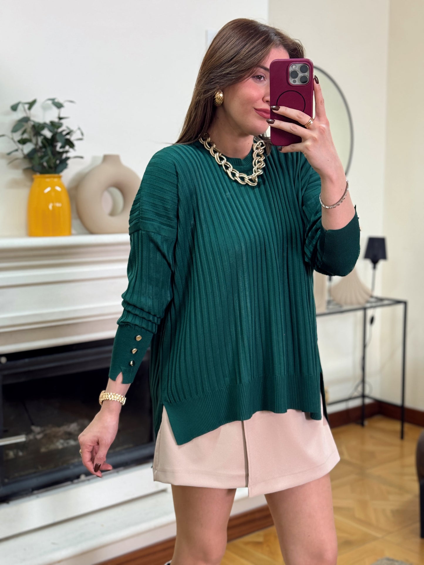 Oversize kesim kol düğmeli kazak YEŞİL