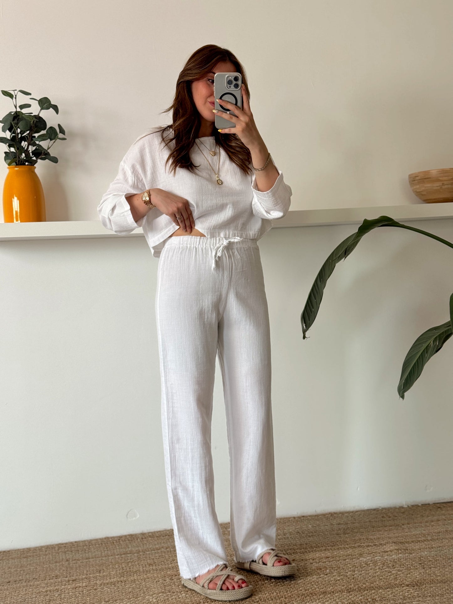 Keten uzun kol crop pantolon ikili takım BEYAZ