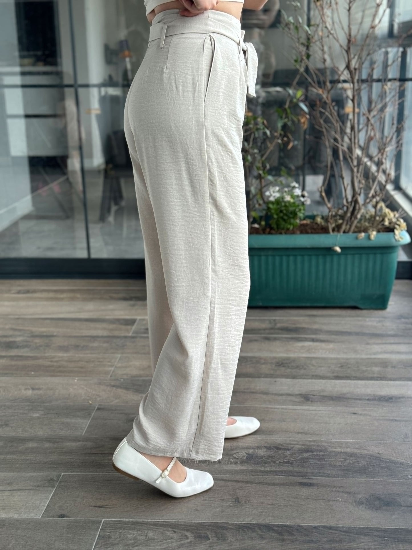 Kuşaklı Keten Pantolon - TAŞ