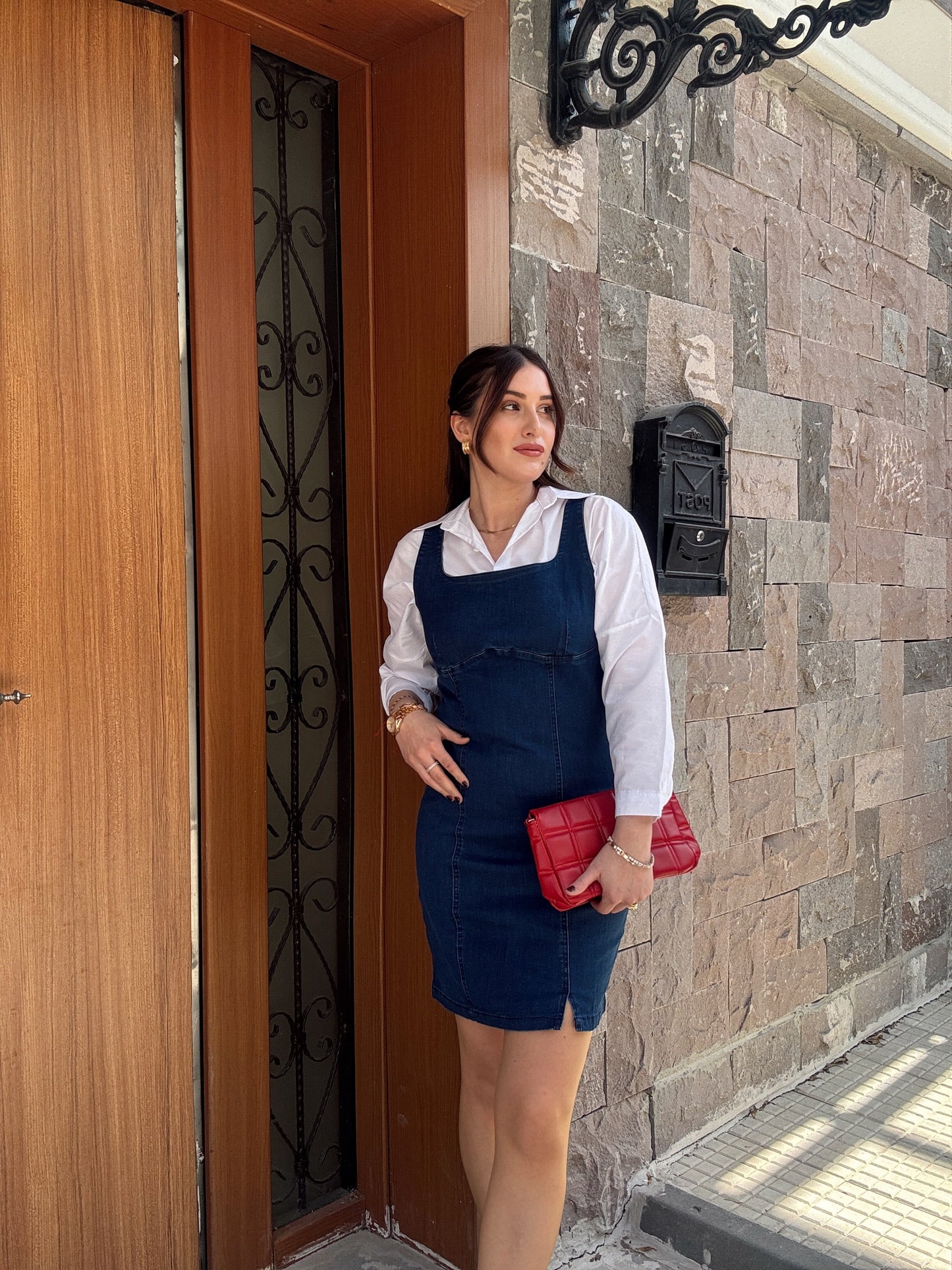 Kare Yaka Likralı Denim Elbise MAVİ