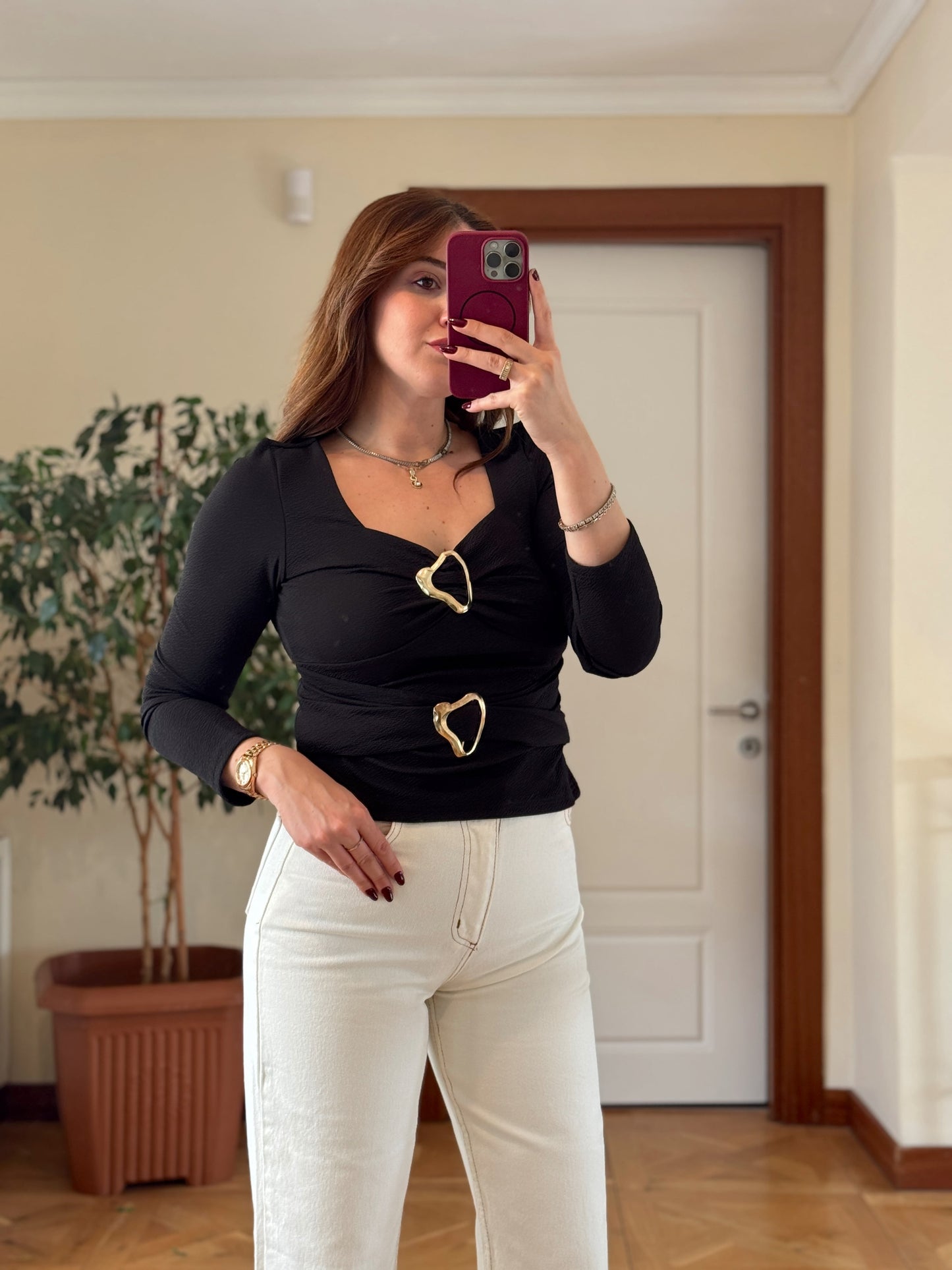 Çift tokalı bluz-SİYAH