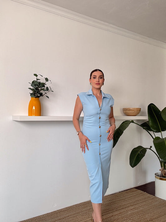 Ön Düğmeli Elbise Mavi