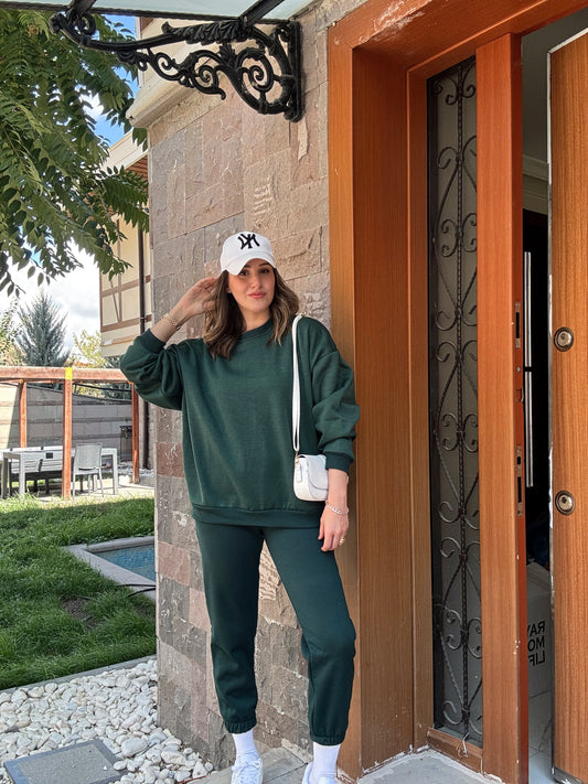 Üç İplik Şardonlu Basic Sweatshirt - YEŞİL