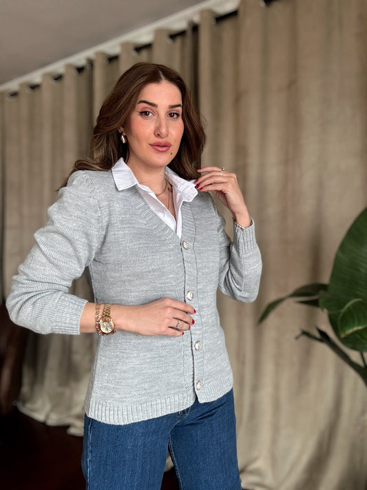 Gümüş Düğme Detaylı Triko Hırka-GRİ