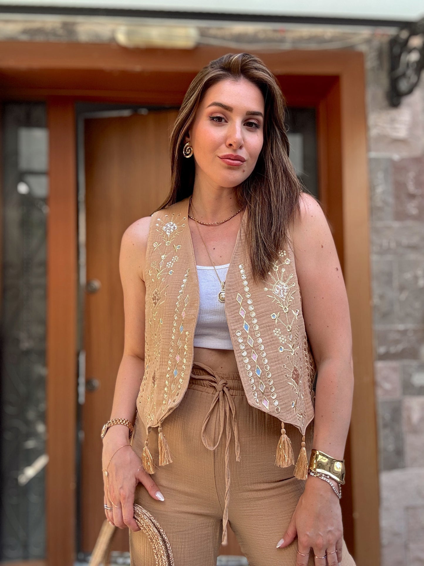 Bohem işlemeli yelek pantolon takım CAMEL