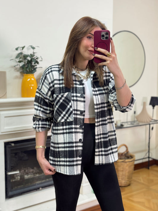 Ekose desen tek cepli gömlek SİYAH-BEYAZ