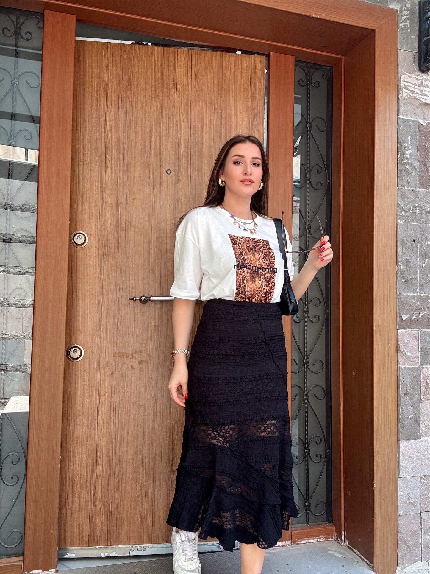 Leopar baskı detaylı oversize tişört BEYAZ