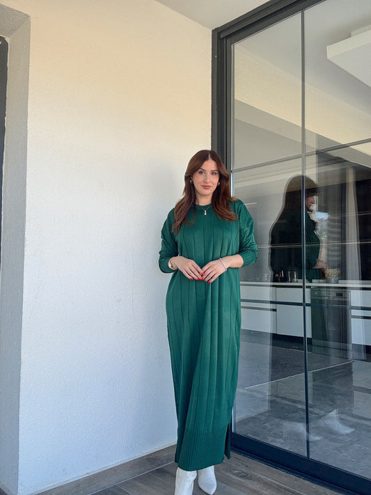 Şerit detaylı uzun triko elbise YEŞİL