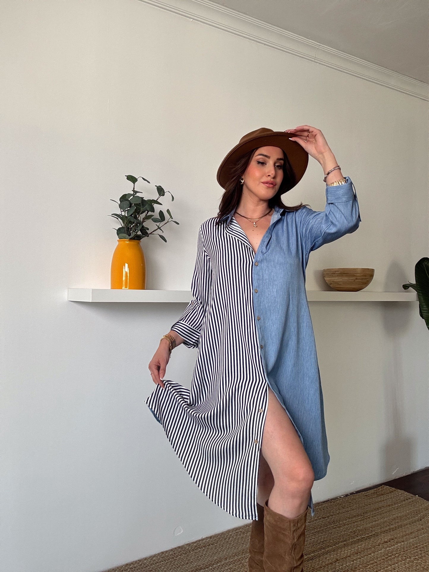 Çizgili tensel denim görünümlü elbise AÇIK MAVİ