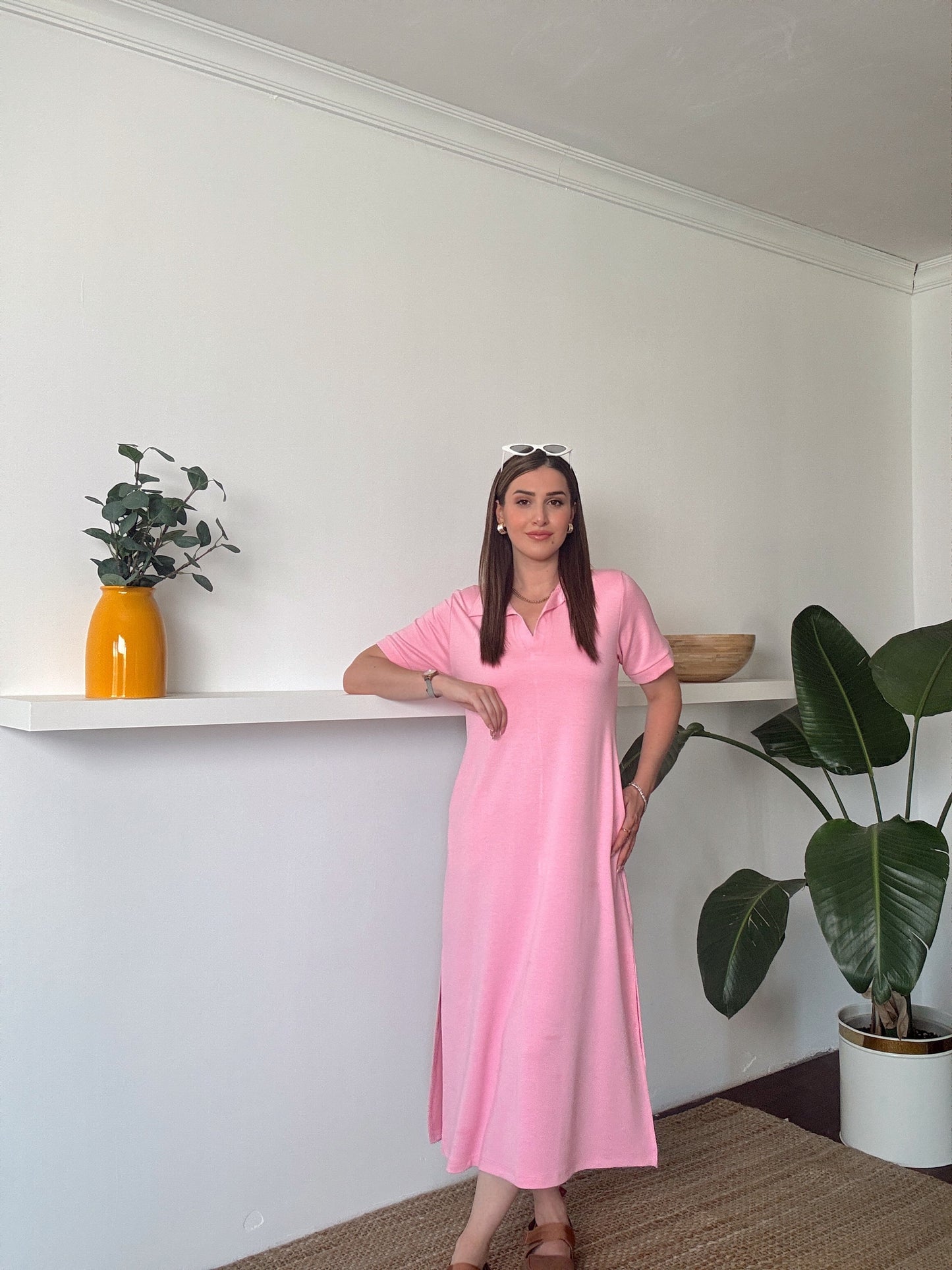 Polo yaka Modal Kumaş Elbise Pembe