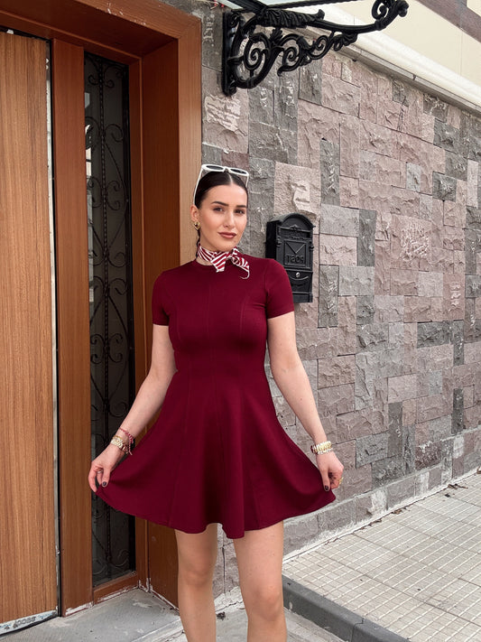 Biyeli volanlı basic elbise BORDO