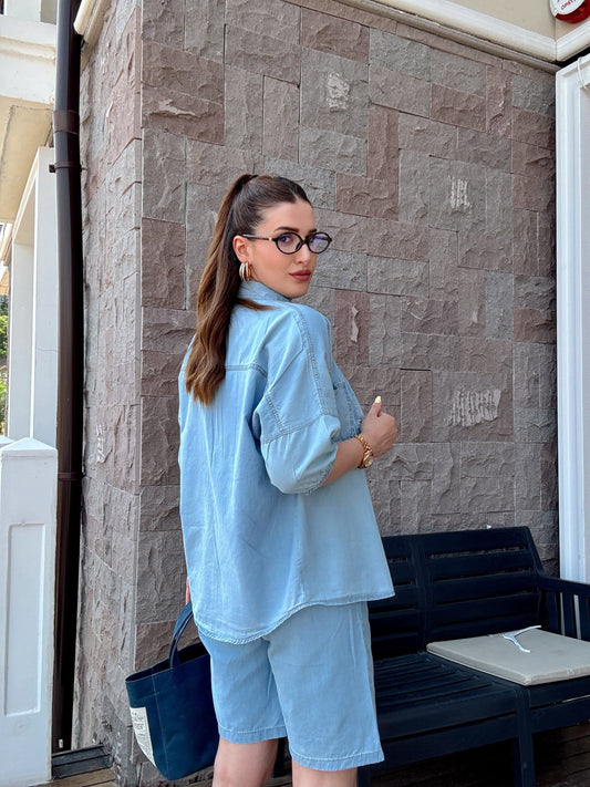 Şortlu oversize kot takım-AÇIK MAVİ