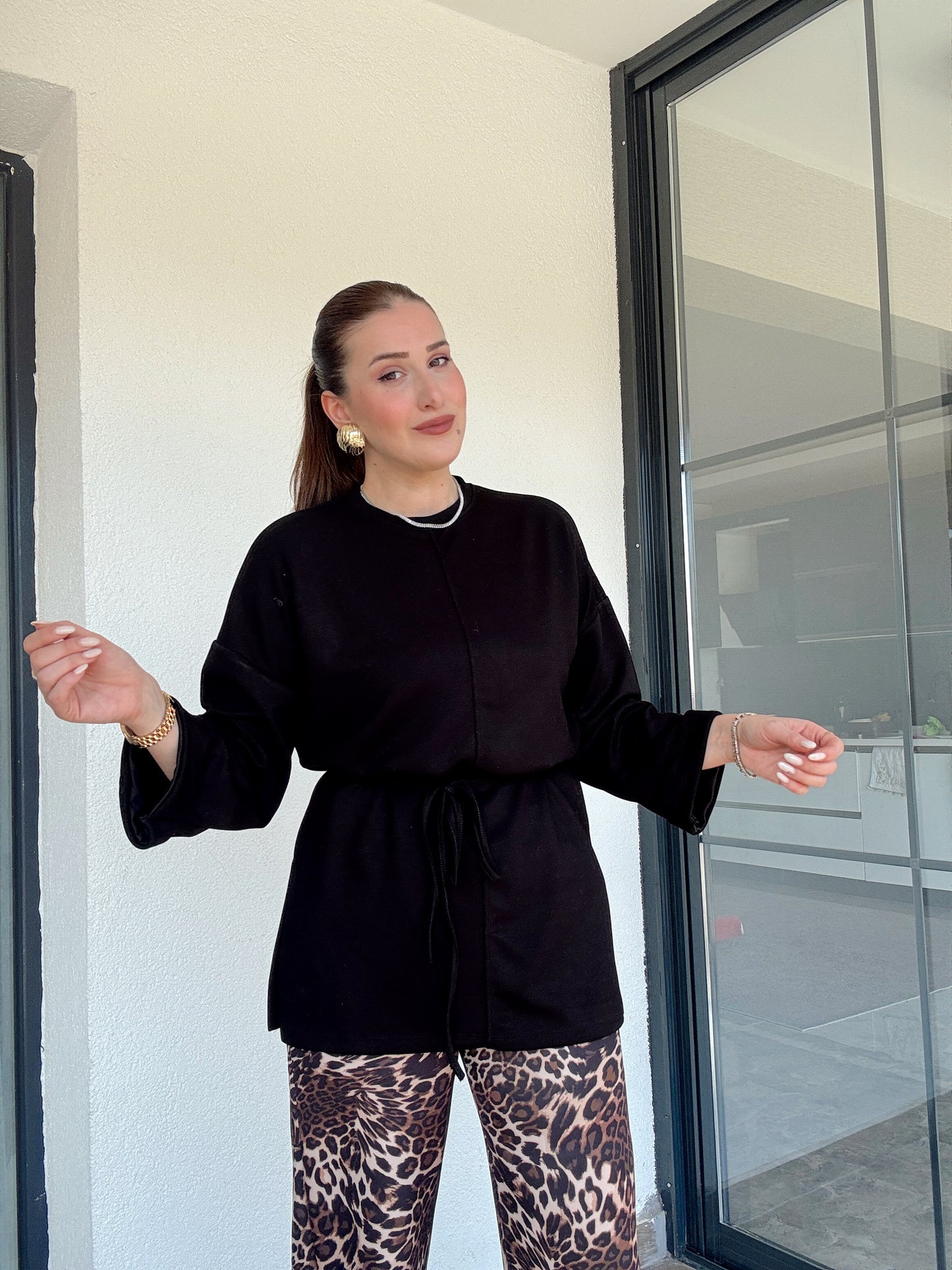 Modal kumaş duble kol tunik-SİYAH