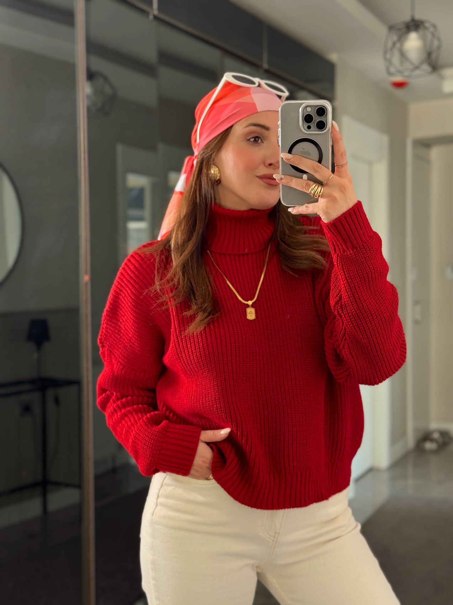 Balıkçı Yaka Selanik Örgü Kazak KIRMIZI