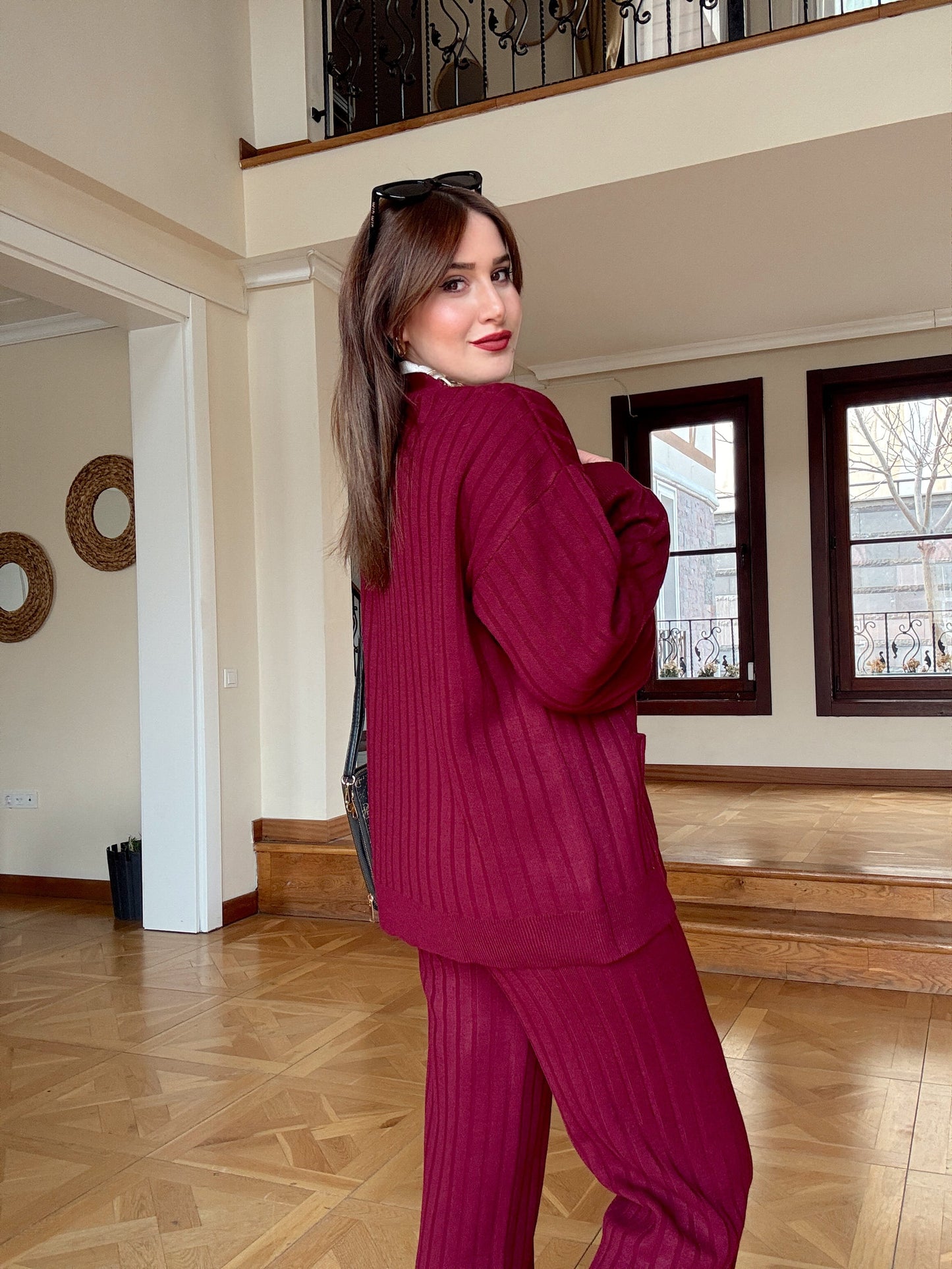 Düğmeli salaş triko takım Bordo