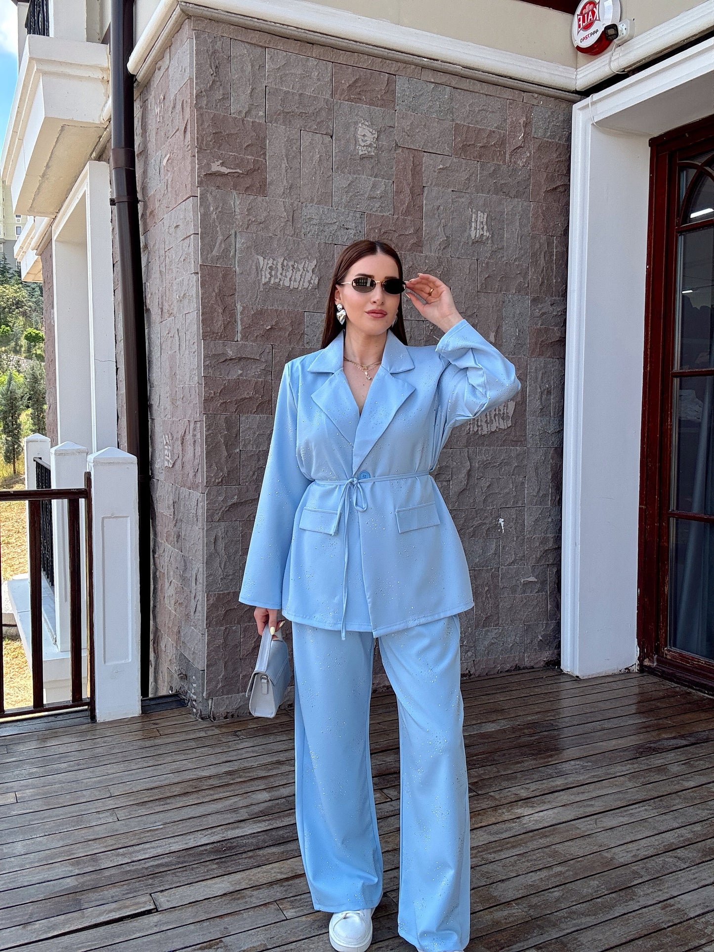 Taş işleme detaylı ceket pantolon takım MAVİ