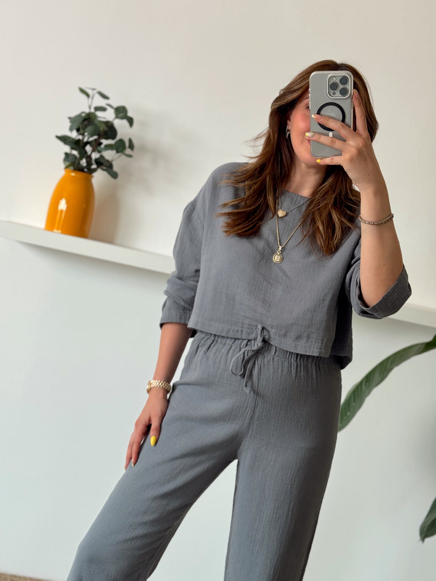 Keten uzun kol crop pantolon ikili takım GRİ