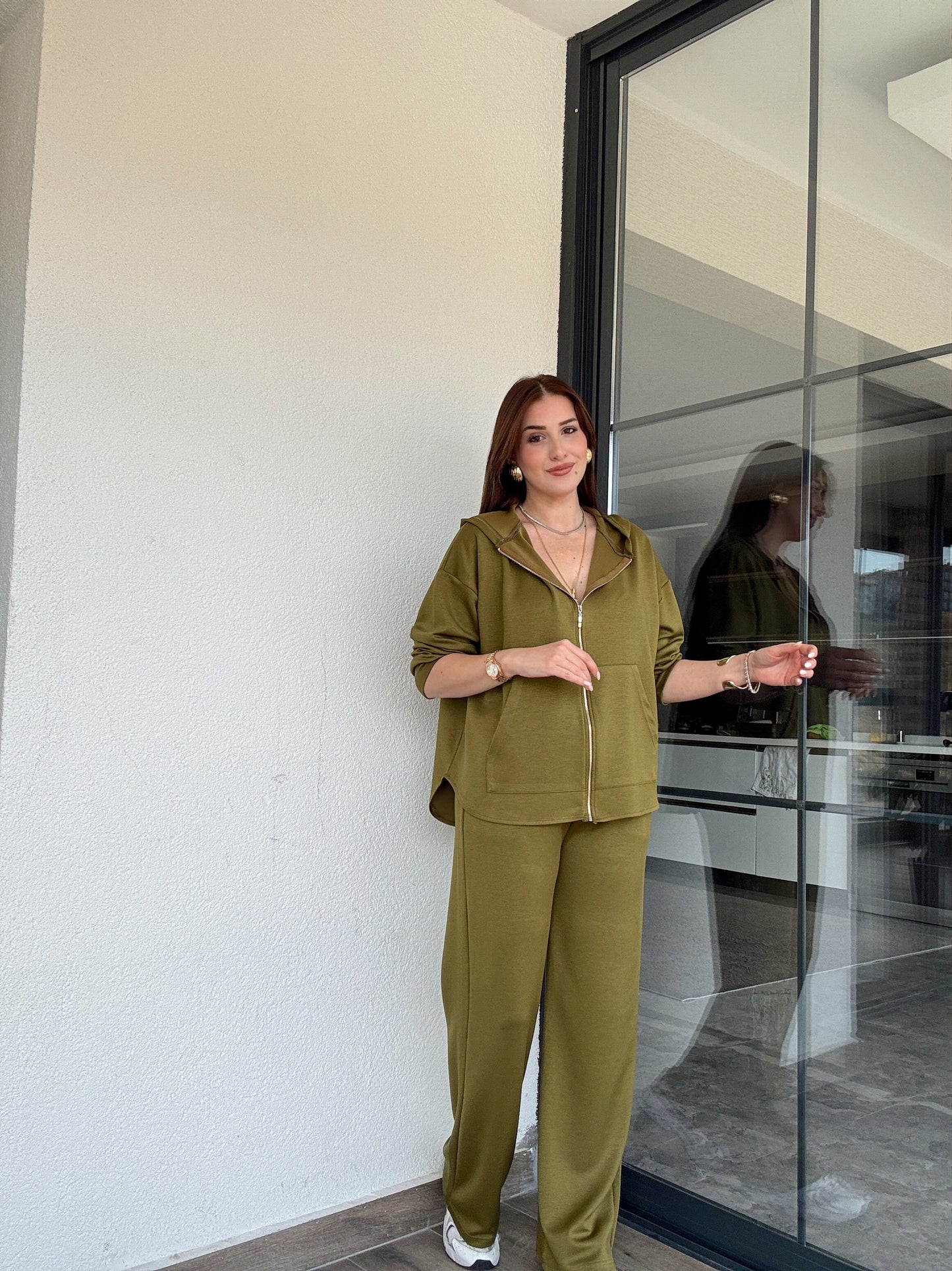 Modal Kapüşonlu İkili Takım Yağ Yeşili