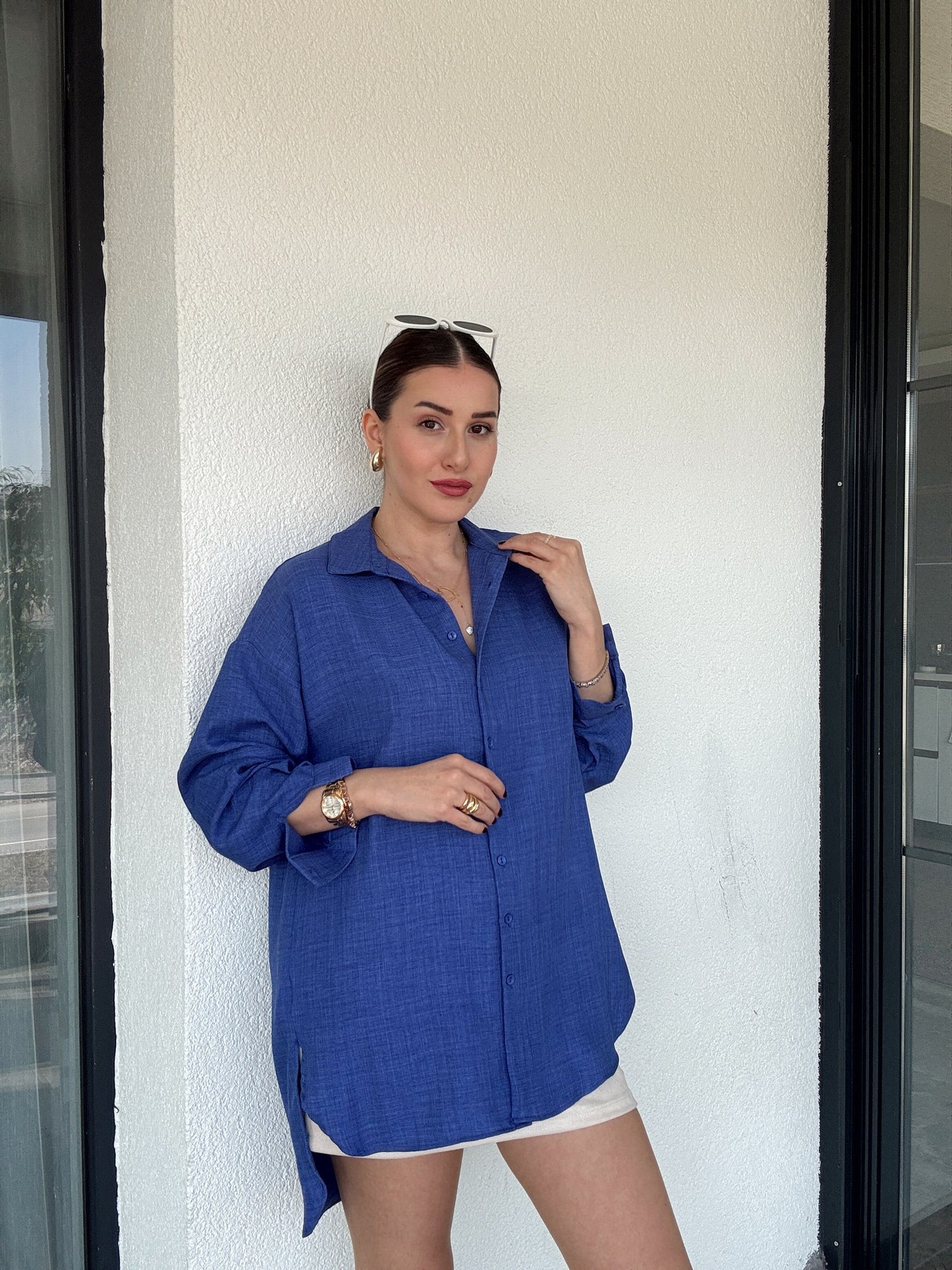 Arka Çift Pens Oversize Keten Gömlek SAKS MAVİ
