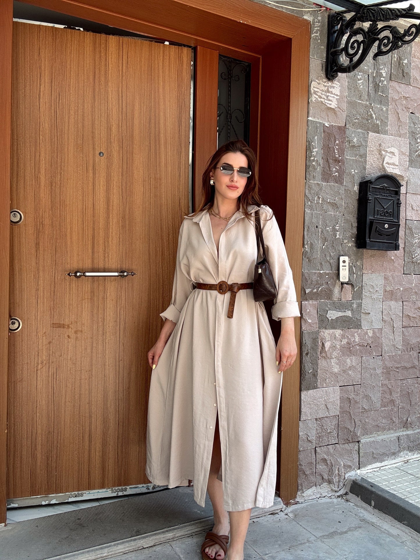 Kemerli tensel kumaş gömlek elbise TAŞ