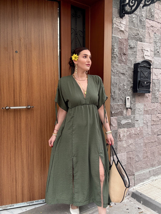 Ön arka v yaka keten elbise HAKİ