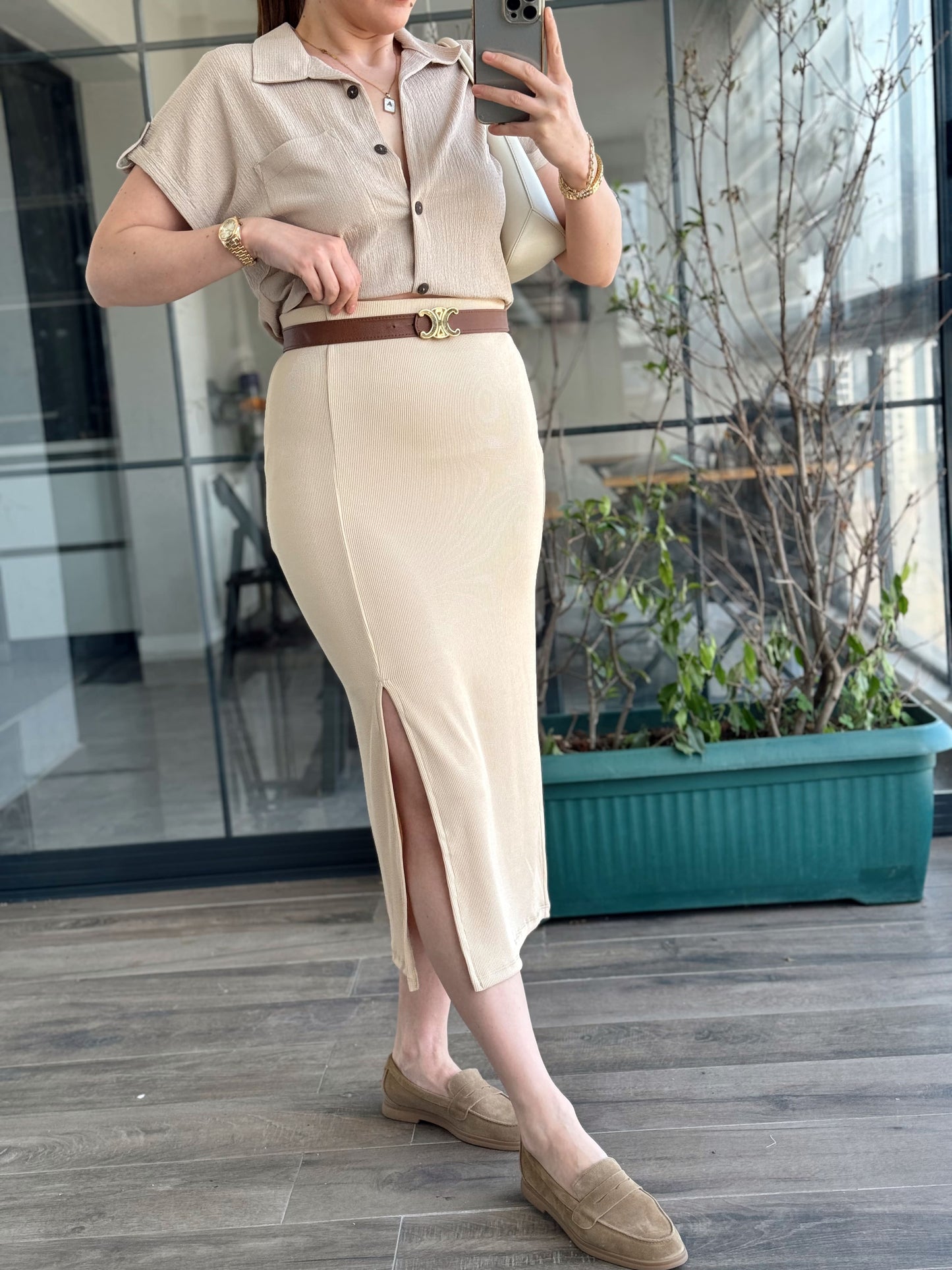 Yırtmaçlı Basic Etek - BEJ