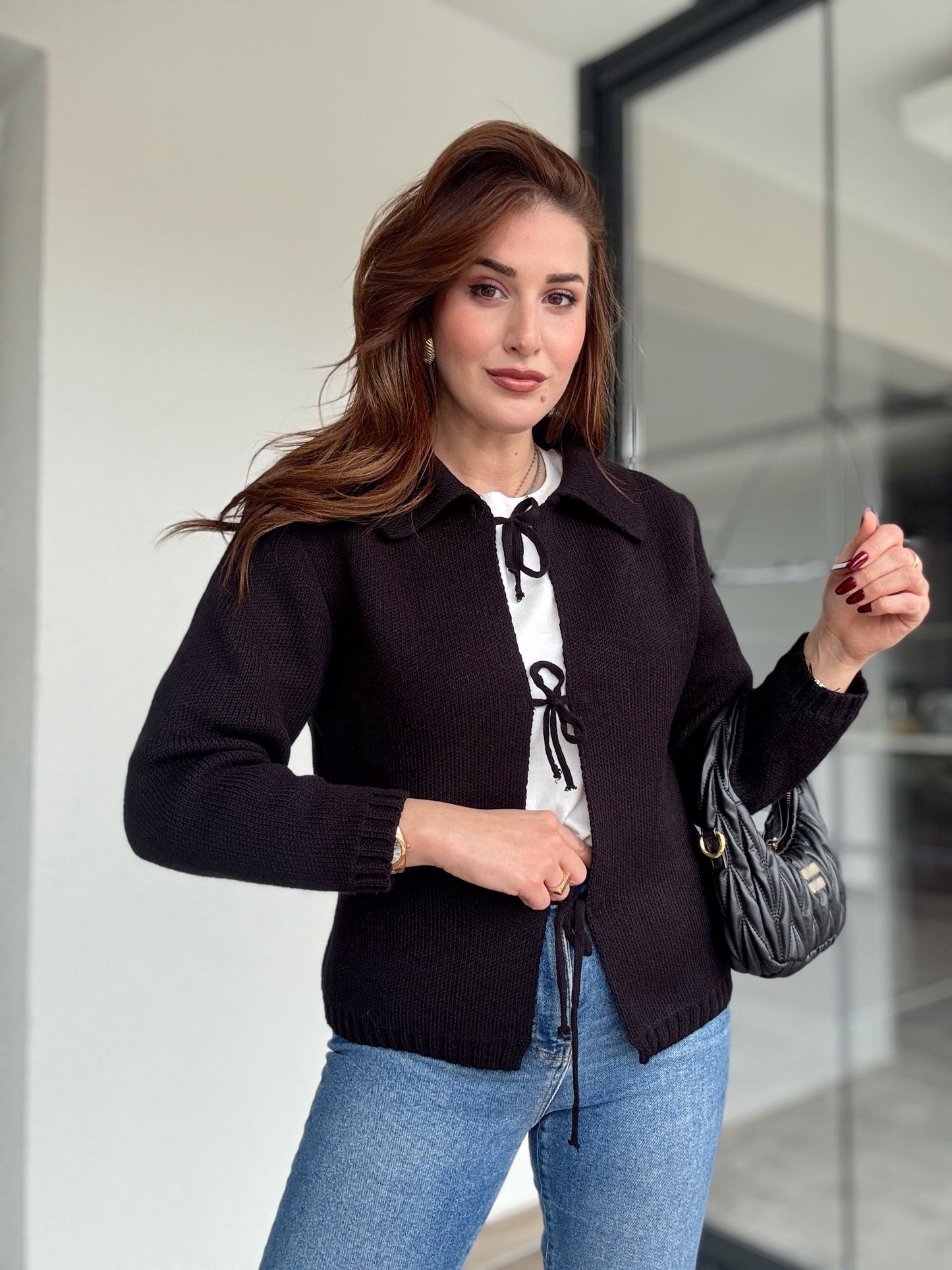 Bağcıklı triko ceket-SİYAH