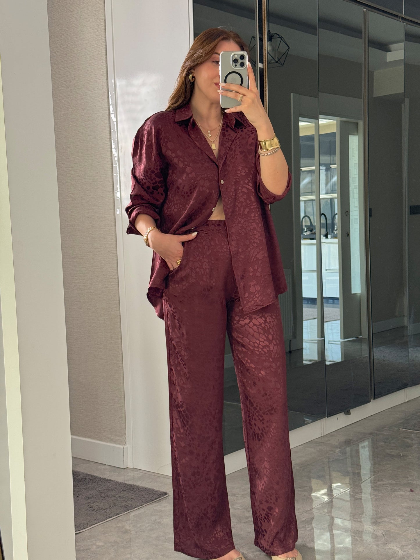 Leopar desenli İkili Takım Bordo