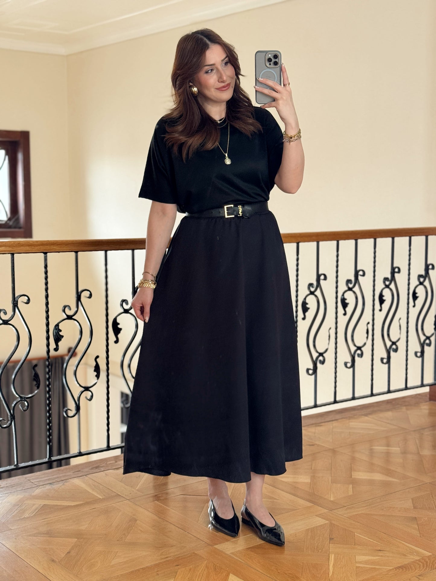 Double Yanı Cepli Etek-SİYAH